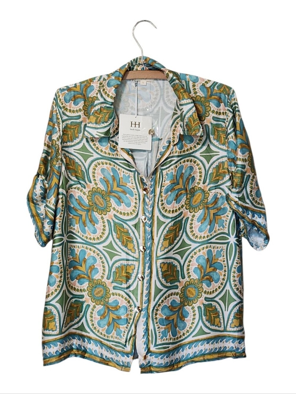NWT Haute Hippie Green and Turquoise Floral Tile Blouse Large